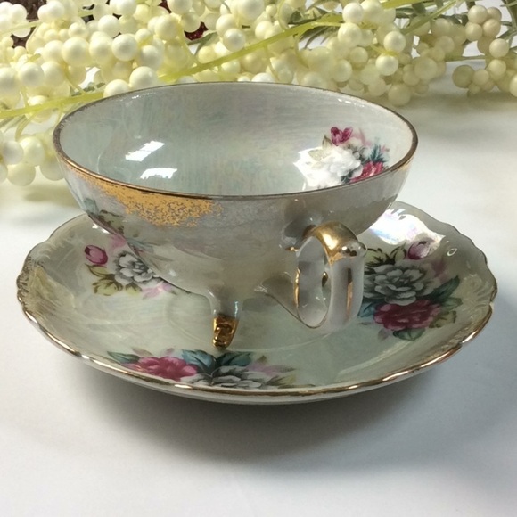 Tea Cup & Saucer Pearl Iridescent Tri-Footed Japan - Picture 13 of 15